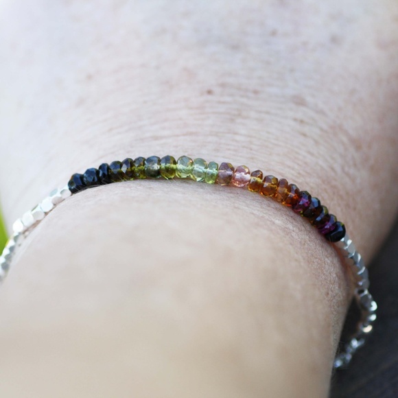 Handcrafted Untreated Natural Rainbow Tourmaline Bracelet Sterling Silver - Picture 2 of 7